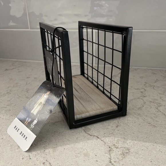 NEW Rae Dunn Black Metal GATHER Napkins Napkin Holder Wood Bottom - Picture 6 of 6